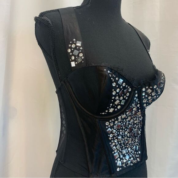 VICTORIA’S Secret black metallic silver stud rhinestone bustier corset 36C NWOT - Picture 4 of 13